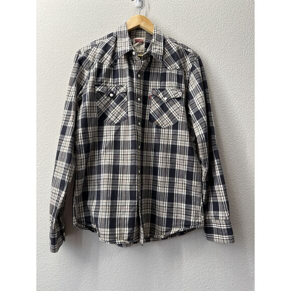 Levi's Men's Snap Button Shirt Plaid Long Sleeve Elbow Patch 100% Cotton Large - Picture 1 of 9